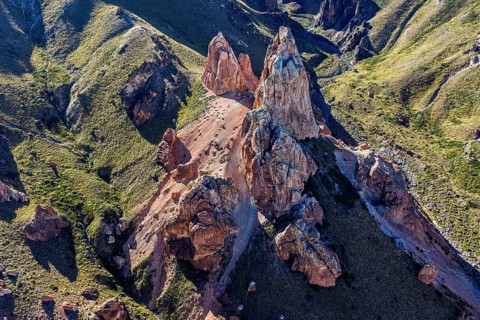 Colorful rock formations in the Valle Lunar, aerial view, section of the Jeinimeni National Park,