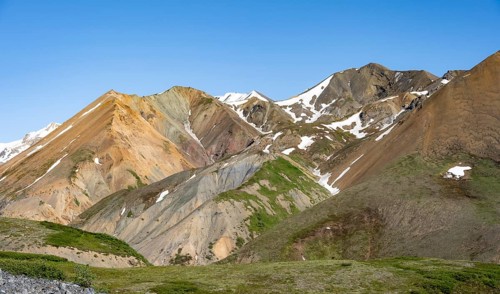 Colourful mountains, picturesque mountain scenery on Gulkana Glacier, Richardson Highway, Alaska