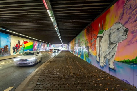 Huge street art pictures in a road tunnel in Gelsenkirchen, the approximately 120 meter long