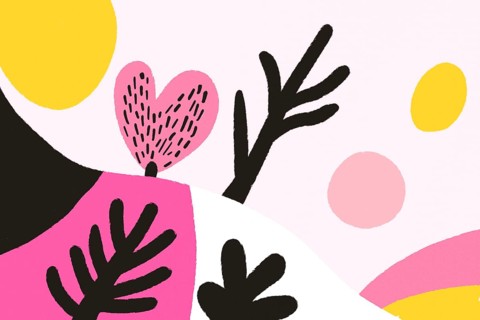 A bright and colorful abstract illustration combining floral and geometric shapes in shades of