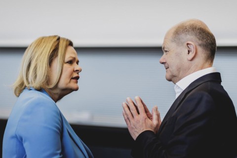 (R-L) Olaf Scholz (SPD), Federal Chancellor, and Nancy Faeser (SPD), Federal Minister of the