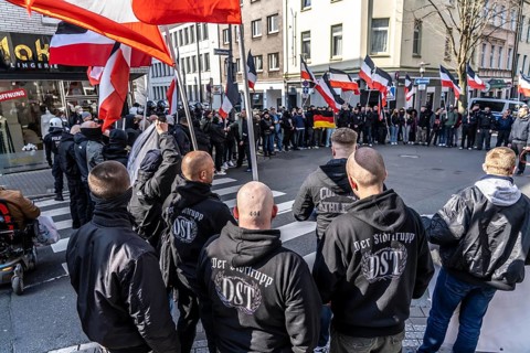 The neo-Nazi group Jung und Stark, JS, demonstrates in the city centre of Essen, demanding the