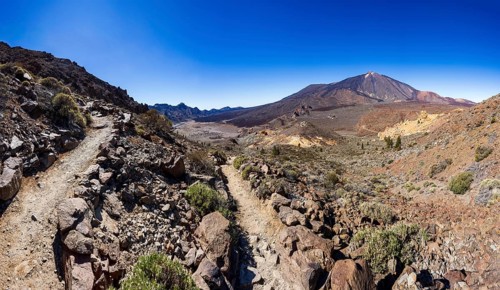 Mountain hiking on Montana Guajara, view of Mount Teide, Teide National Park, Tenerife, Canary