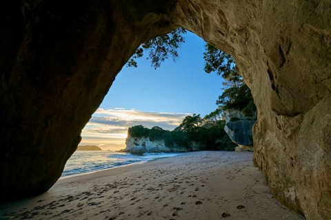 Beach scene with view from a cave, trees on the beach and footprints in the sand, Cathedral Cove,