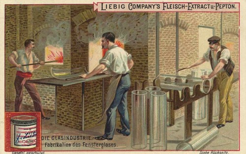 Picture series The glass industry, manufacture of window glass, Liebig picture, digitally restored