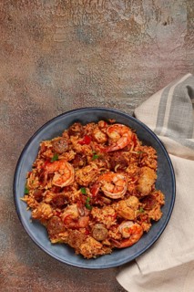 Jambalaya, Creole dish, American pilaf, rice with chicken and shrimp, vegetables, homemade, no