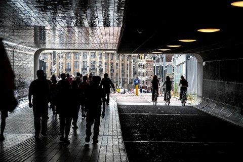 Footpath and cycle path, cycle highway, Cuyperspassage, subway at Central Station, Amsterdam