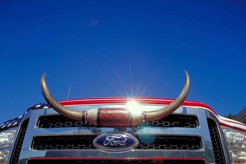 Belongs on the grille on a Ford pick up, blue sky, New Jersey, USA
