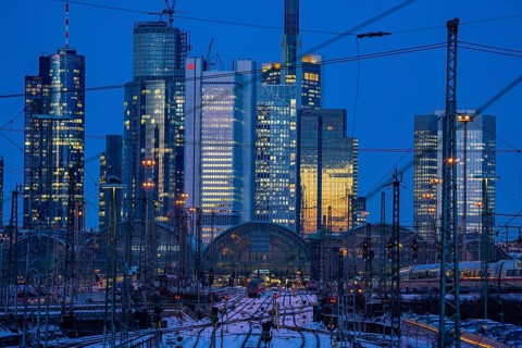 Railway tracks in front of the main station of Frankfurt am Main, ICE train, skyline of the