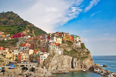Italy, Manarola colorful streets overlooking scenic shoreline