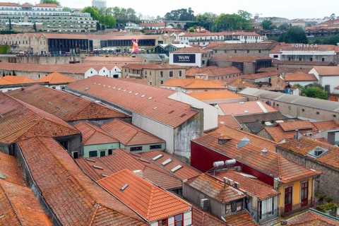Rooftops of historic port lodge buildings in Vila Nova de Gaia area, city of Porto, Portugal