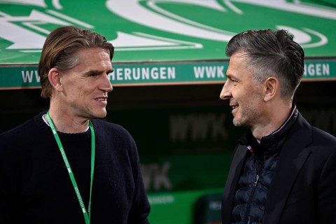 Sports Director Christoph Freund FC Bayern Munich FCB in conversation with Sports Director Marinko