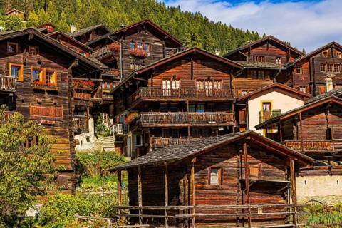 Old wooden houses in the historic village centre, Grimentz, Val d'Anniviers, Valais Alps, Canton