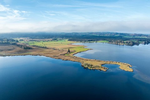 Aerial view of lake Staffelsee near Murnau, Murnauer Moos nature reserve, autumn colors, Allgaeu,