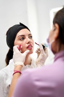 A beauty professional provides makeup application to a client in a modern aesthetic medicine clinic