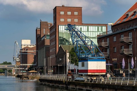 The inner harbour, in Duisburg, Küppersmühle building, and Werhahn Mill, granary with Explorado
