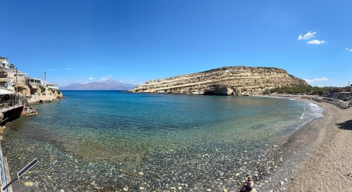 View of bay and beach of Matala with Libyan Sea Mediterranean on south coast of island Crete, in