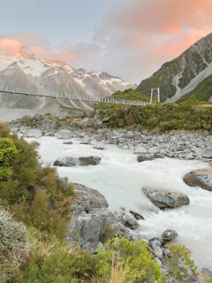 Suspension bridge on the Hooker Valley Track hiking trail, Mount Cook National Park, South Island,