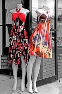 Headless mannequins in front of a fashion shop, black and white, Hackettstown, New Jersey, USA