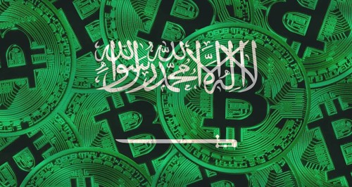 Arabian flag with Bitcoins in the background. Investors in cryptocurrency and Blockchain Technology