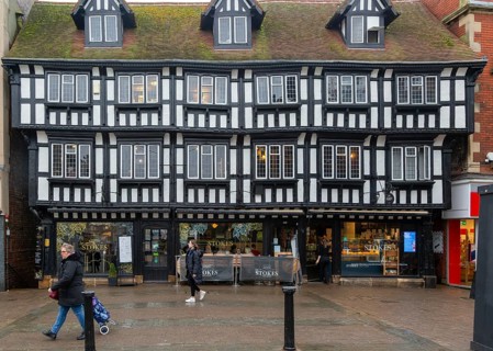 High Bridge Café in historic timber framed building, High Street, city of Lincoln, Lincolnshire,