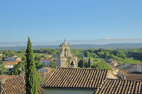 Townscape with spire and roofs, Rue d'Or, Grignan, Drôme, Tricastin, Provence, France