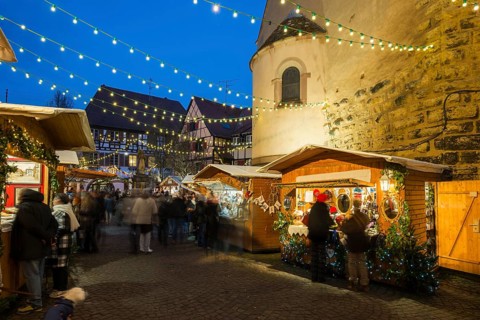 Christmas market, blue hour, Eguisheim, Haut-Rhin, Grand Est Region, Alsace, France