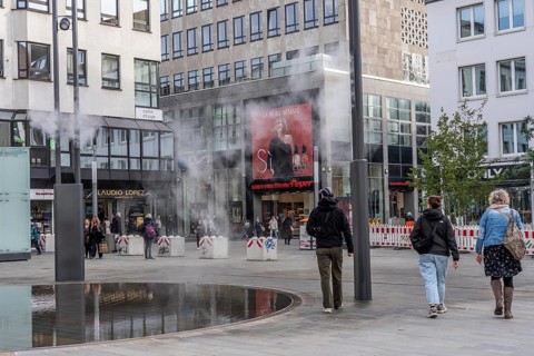 Digital water feature, Blue Cloud water installation on Husemanplatz in downtown Bochum, water mist