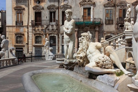 Old Town of Palermo, part of the Mannerist fountain Fontana Pretoria in Piazza Pretoria, Sicily,
