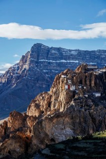 Dhankar monastry perched on a cliff in Himalayas. Dhankar, Spiti Valley, Himachal Pradesh, India
