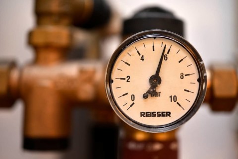 Pressure gauge, water meter, old heating system, gas heating, building services, Stuttgart,