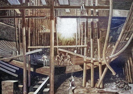 Application of electric light in shipbuilding, coloured wood engraving, reproduction of an original