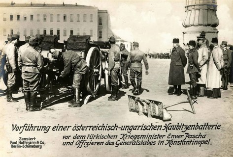 Demonstration of an Austro-Hungarian howitzer battery in front of the Turkish Minister of War Enver
