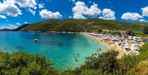 Panoramic view of the beach in summer of Paralia Mikros Gialos in Lefkada. Greece