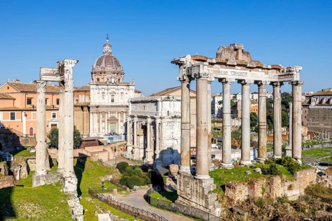 Roman Forum ancient historical temple ruins in Rome, Italy