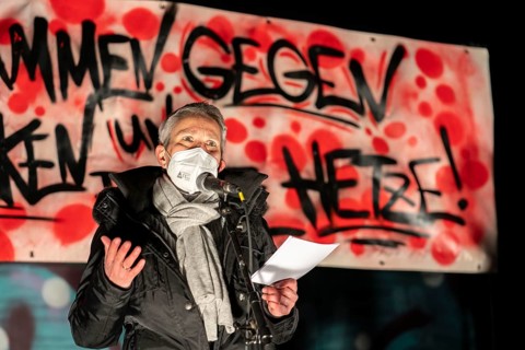Superintendent of the church district of Essen, Marion Greve, speaks at a demonstration, rally