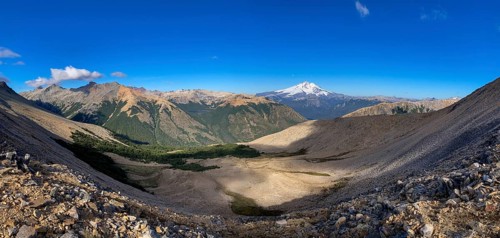 Panoramic view of the Andes with Cerro Tronador with its glaciers and mountain lakes in the Nahuel