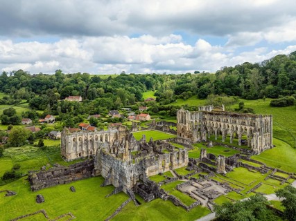Rievaulx Abbey from a drone, North York Moors National Park, North Yorkshire, England, United