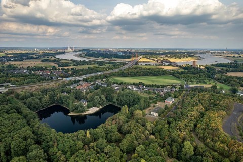 Aerial view of the Rhine between Duisburg and Moers, North Rhine-Westphalia, Germany