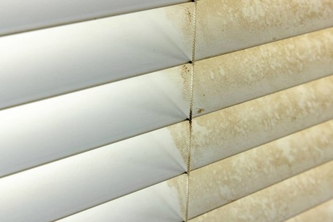 Residential window shades showing the before and after of a good cleaning, one side clean and one