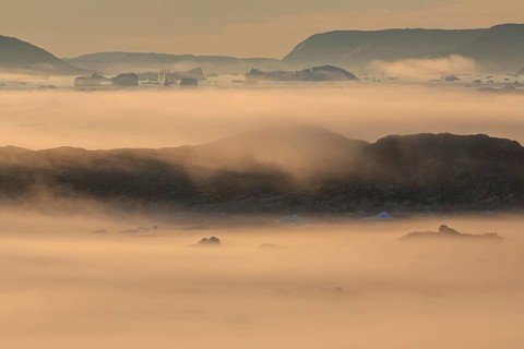 Icebergs in the fog, midnight sun, summer, Ilulissat, Ilulissat Icefjord, Disko Bay, West