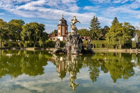 The Great Lake with the Musenberg Parnassus, castle and rococo courtyard garden Veitshöchheim,