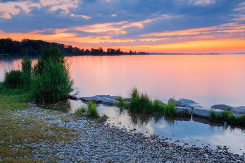 View from Arbon over Lake Constance at a colourful sunset in the canton of Thrugau, Switzerland