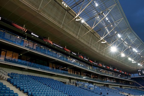 Main Stand, empty, Floodlights, Europa League, PreZero Arena, Sinsheim, Baden-Württemberg, Germany