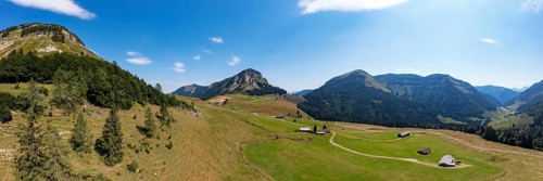 Drone shot, panorama shot, mountain landscape, Genneralm with Gennerhorn and Holzeck,