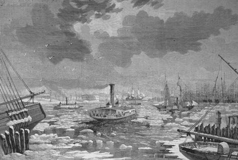 Pack ice obstructs shipping traffic in New York harbour in 1869, America, Historic, digitally