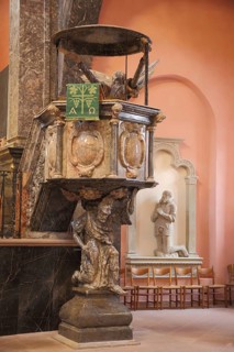 Baroque pulpit with stone sculpture, decorations, christogram, marble, interior view, Union Church,
