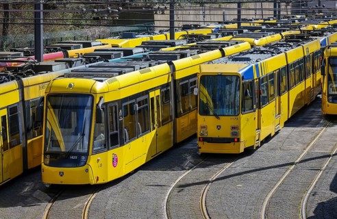 Essen, North Rhine-Westphalia, Germany, Trams at Ruhrbahn depot, Verdi and EVG warning strike