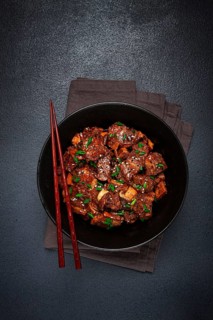 Bulgogi, with mushrooms, with sesame seeds and green onions, Korean cuisine, homemade, no people