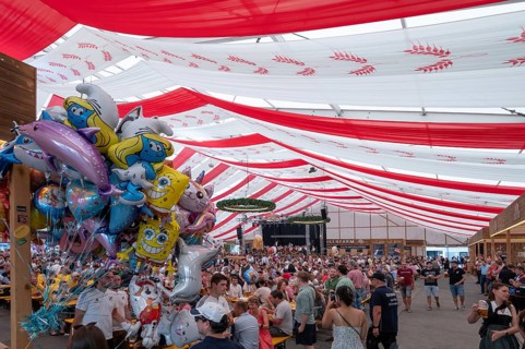 Colourful figure balloons in the beer tent during the Kulmbach Beer Week, Upper Franconia, Bavaria,